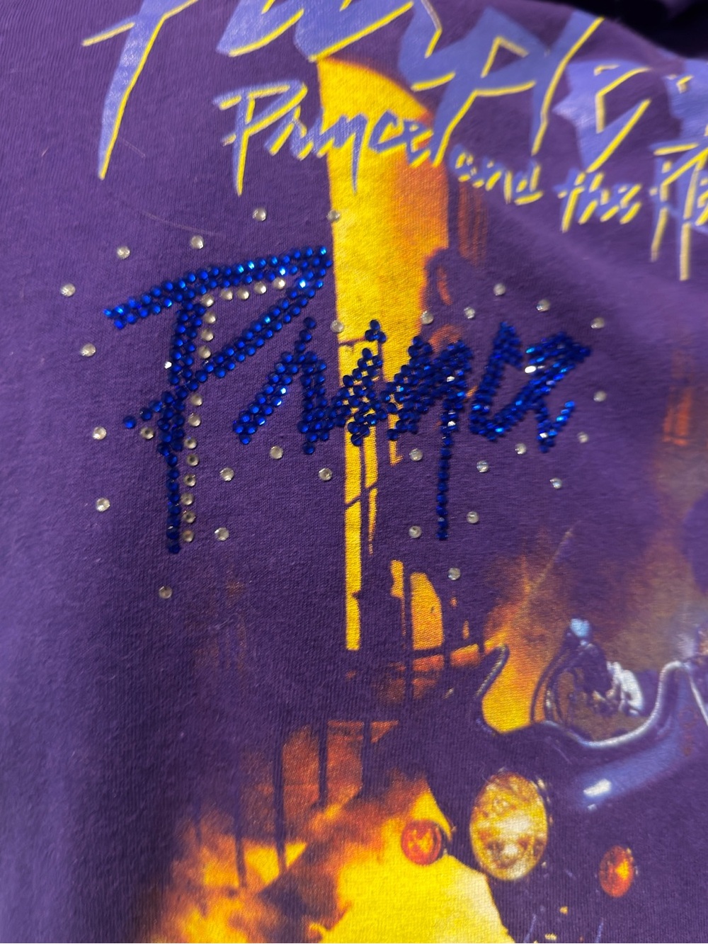 Prince Purple Rain Tee Shirt with Crystal Rhinestone “Prince.” Handmade